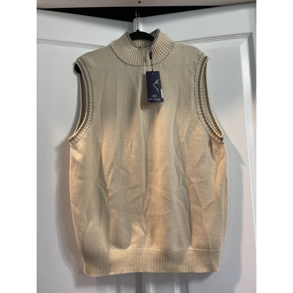 GOBI Cashmere Sweater Vest Mens 2XL Cream Half Zip Mock Neck Sleeveless Knit